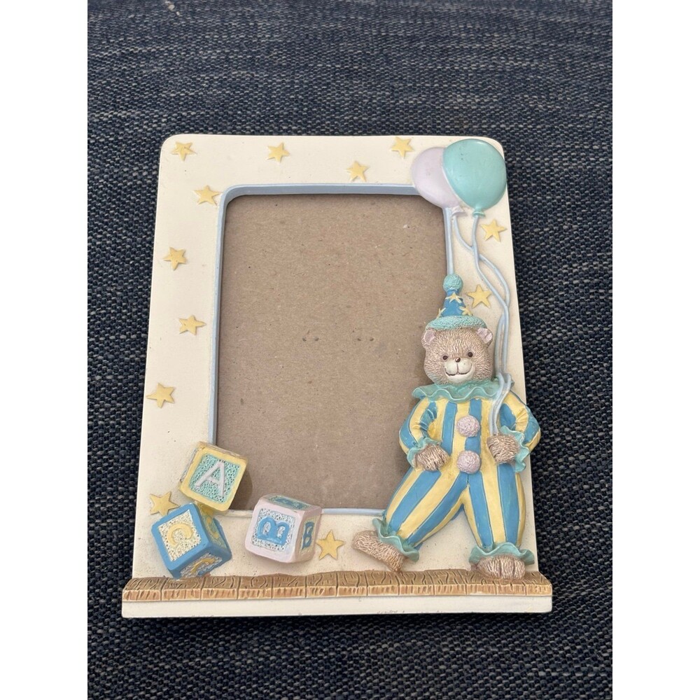 Vintage baby Picture Frame, ceramic w/ Teddy Bear balloons blocks, 4x6” photo
